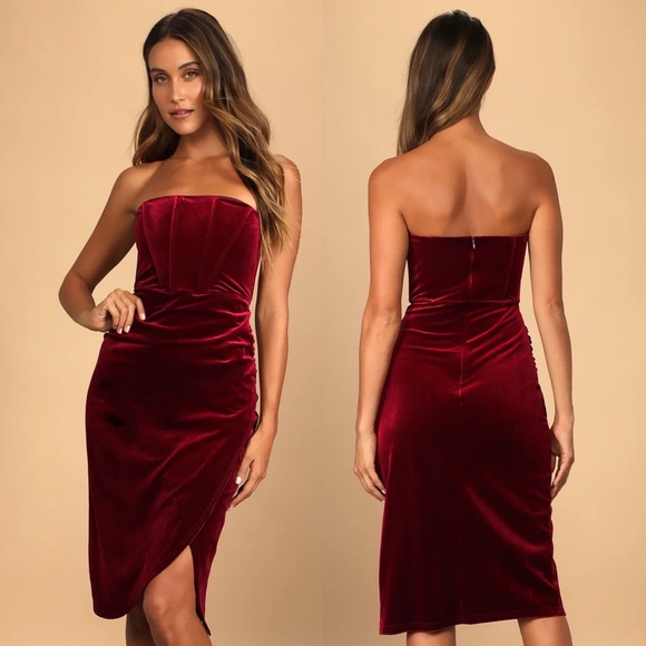 Lulus Dresses & Skirts - Lulus Dress Wine Red Velvet Strapless Corset Tulip Dress